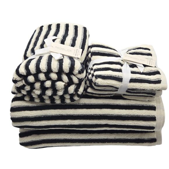 Rachel Zoe 8pc Cream And Black Striped Cotton Towel Set 2 Bath 4 Wash 2 Hand‎ - Picture 15 of 16